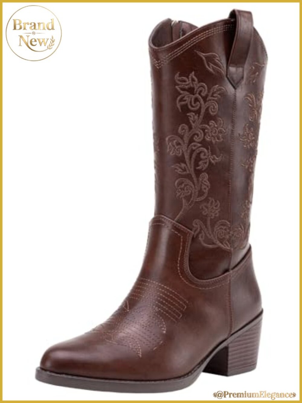 Embroidered Mid Calf Cowboy Chunky Heel Boots